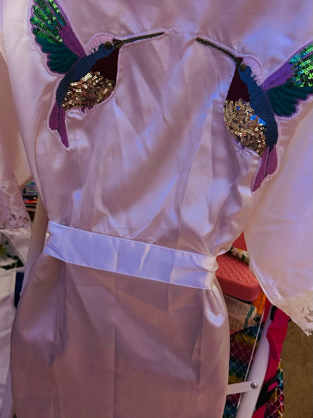 Sequin Hummingbird Satin Robe in white